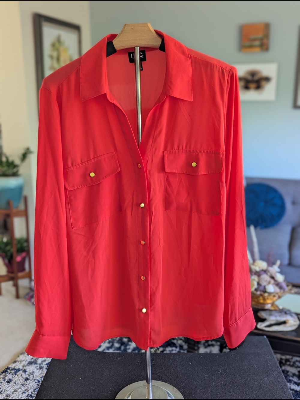 INC International Concepts Coral Button Front Pocket Blouse